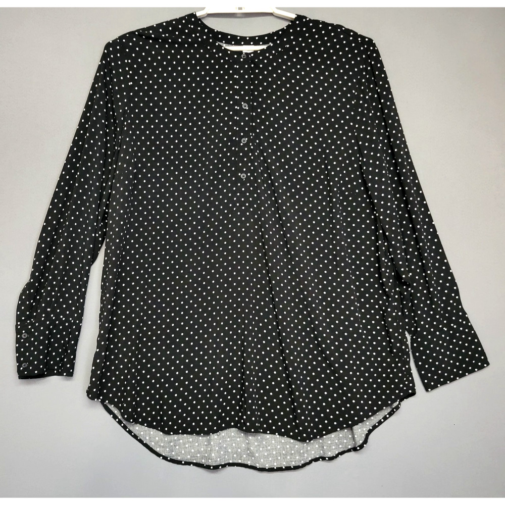 Old Navy Tunic Top Womens XXL Black White Polka Dots 1/4 Buttons Long Sleeves
